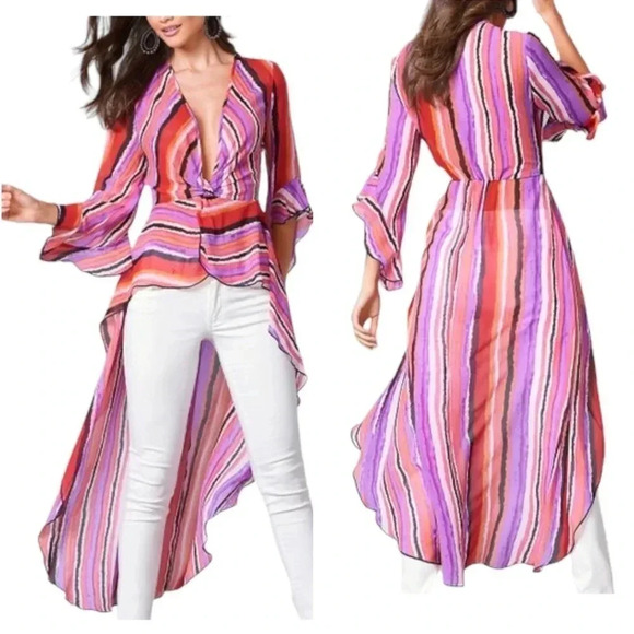 VENUS Tops - VENUS | Women’s Pink/Purple/White/Black Stripe Plunge Hi-Low Top Size 8